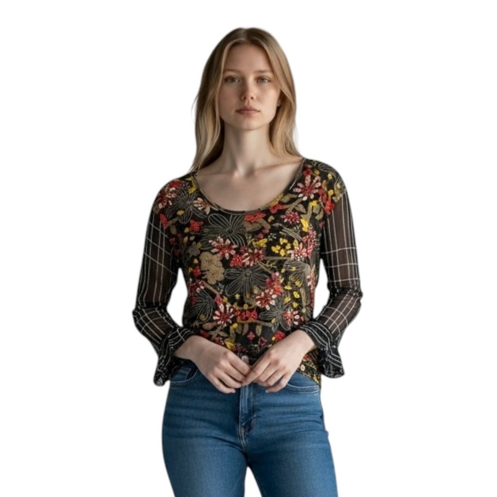 Jane Ashley XL Top Boho Floral Beaded Sheer Long Sleeve Grunge Y2K Hippie 1220